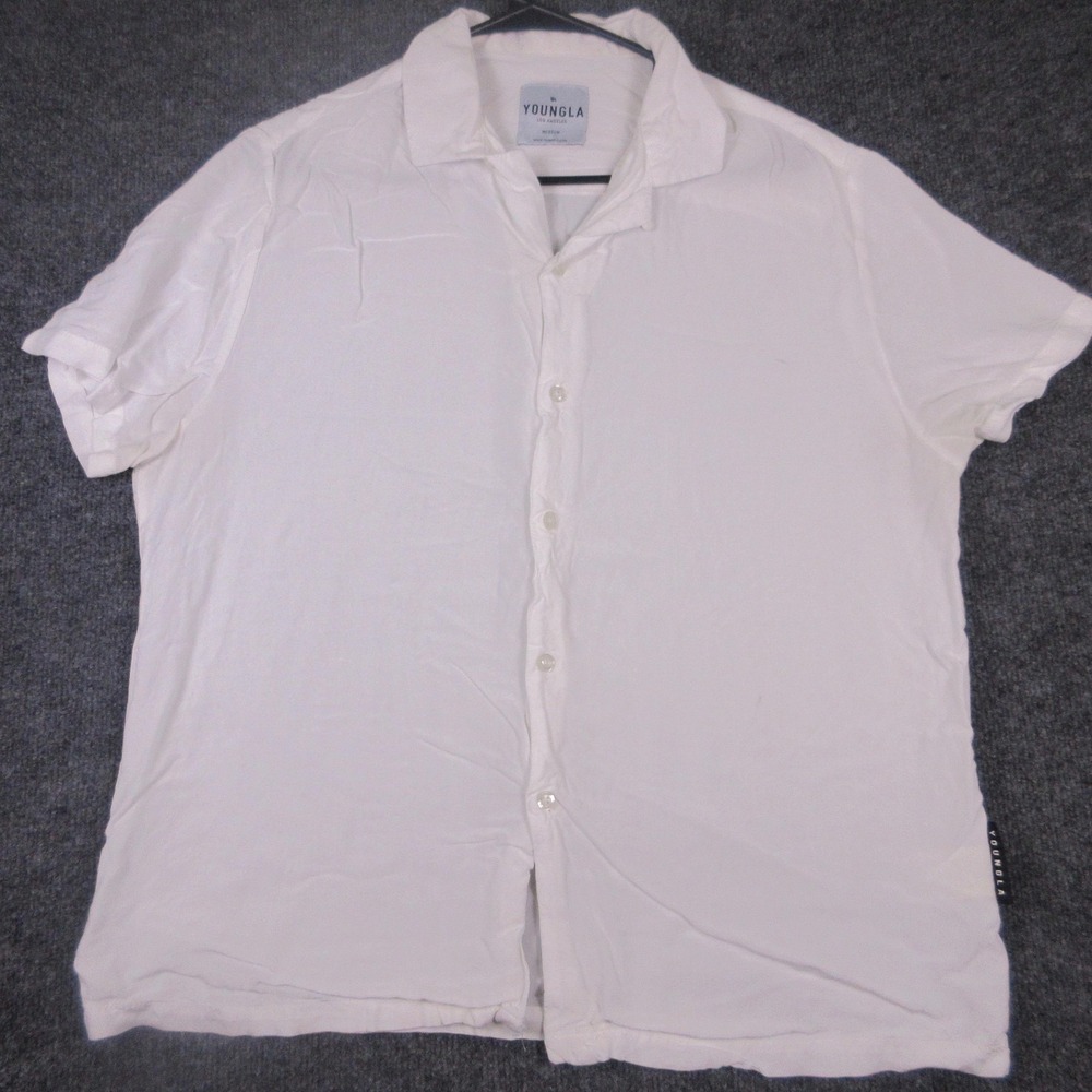 YoungLA Shirt Mens Medium White Short Sleeve Button Front Lightweight Casual